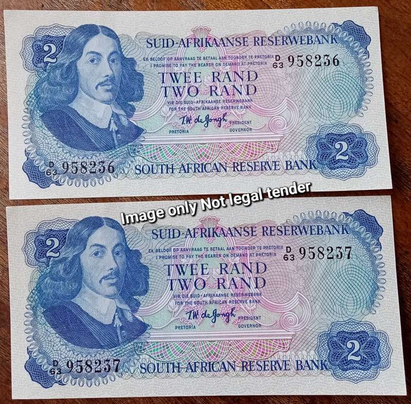 Lot of x2 consecutive 1974 T.W de Jongh R2 notes (Uncirculated)