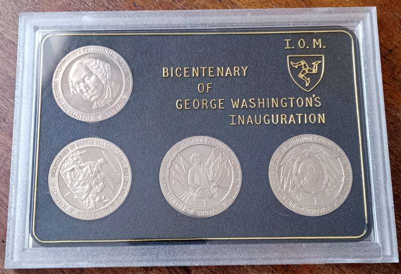 1989 Isle of Man bicentenary of George Washington`s Inauguration unc crown set in case