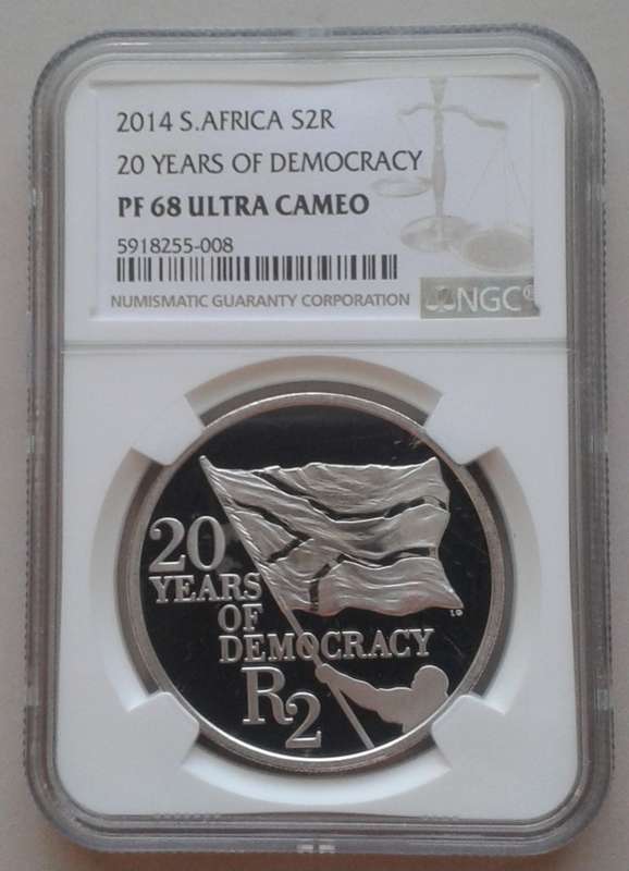 2014 Republic 1oz proof silver R2 NGC PF68 UC (20 yrs of democracy) Only 2