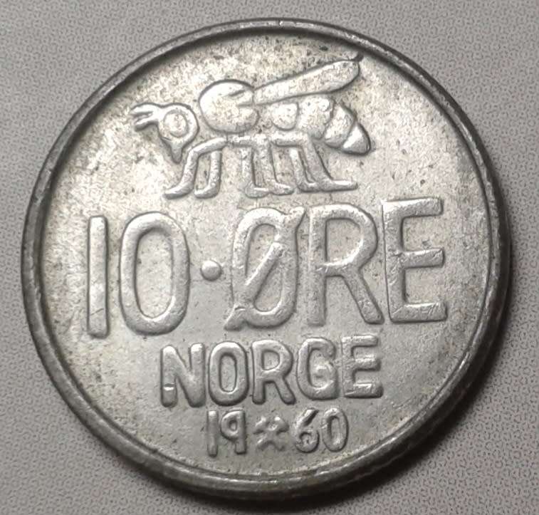 Nice 1960 Norway nickel 10 Ore (Honey Bee)