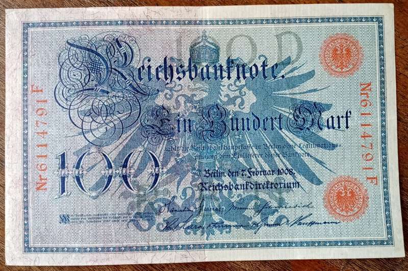 Nice 1908 German 100 Mark note in XF