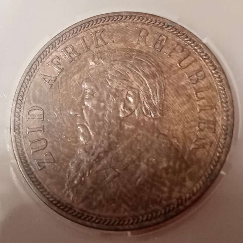 Scarce 1894 ZAR Kruger penny SANGS AU53 RB