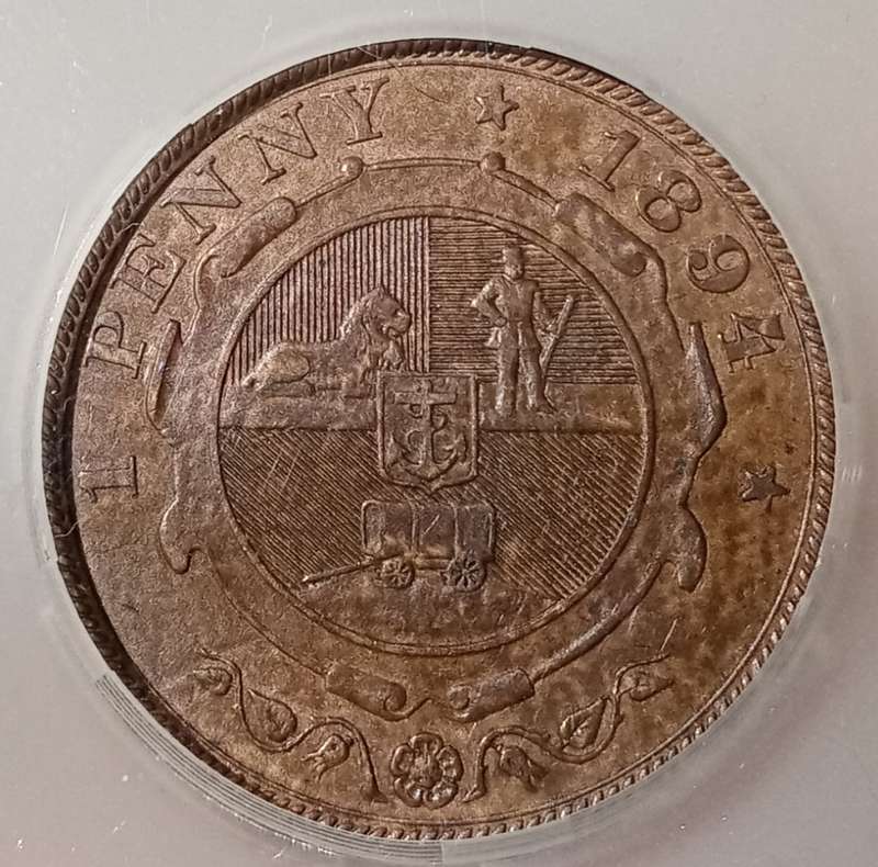 Scarce 1894 ZAR Kruger penny SANGS AU53 RB