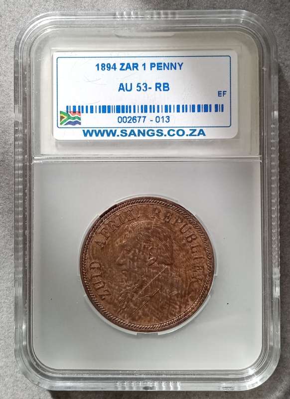 Scarce 1894 ZAR Kruger penny SANGS AU53 RB