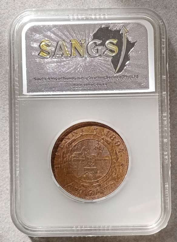 Scarce 1894 ZAR Kruger penny SANGS AU53 RB