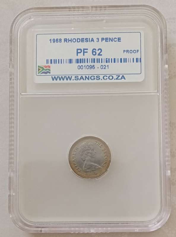 Rare 1968 Rhodesia proof threepence SANGS PF62