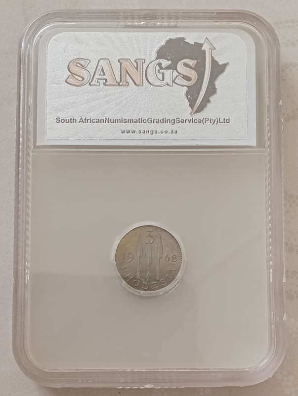 Rare 1968 Rhodesia proof threepence SANGS PF62