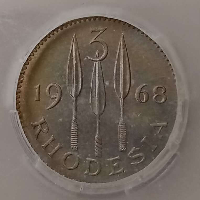 Rare 1968 Rhodesia proof threepence SANGS PF62