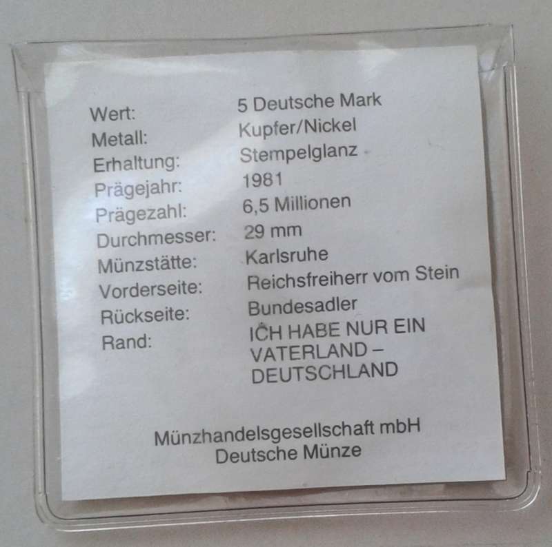 1981 German uncirculated 5 Mark with certificate