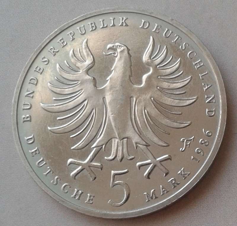 1986 German uncirculated 5 Mark with certificate