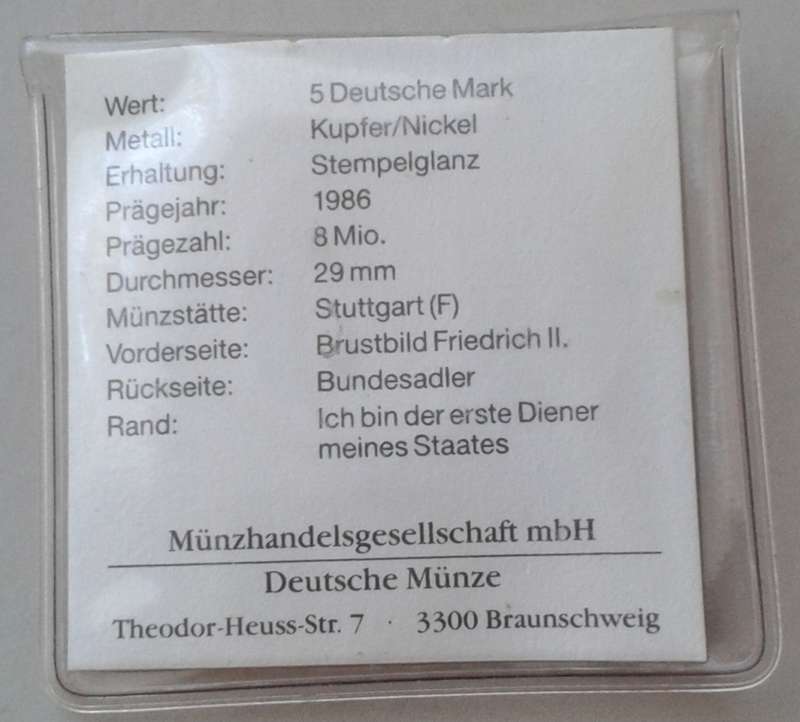 1986 German uncirculated 5 Mark with certificate
