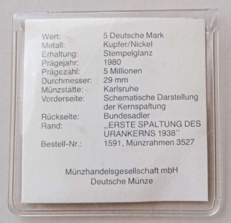 1979 German uncirculated 5 Mark with certificate