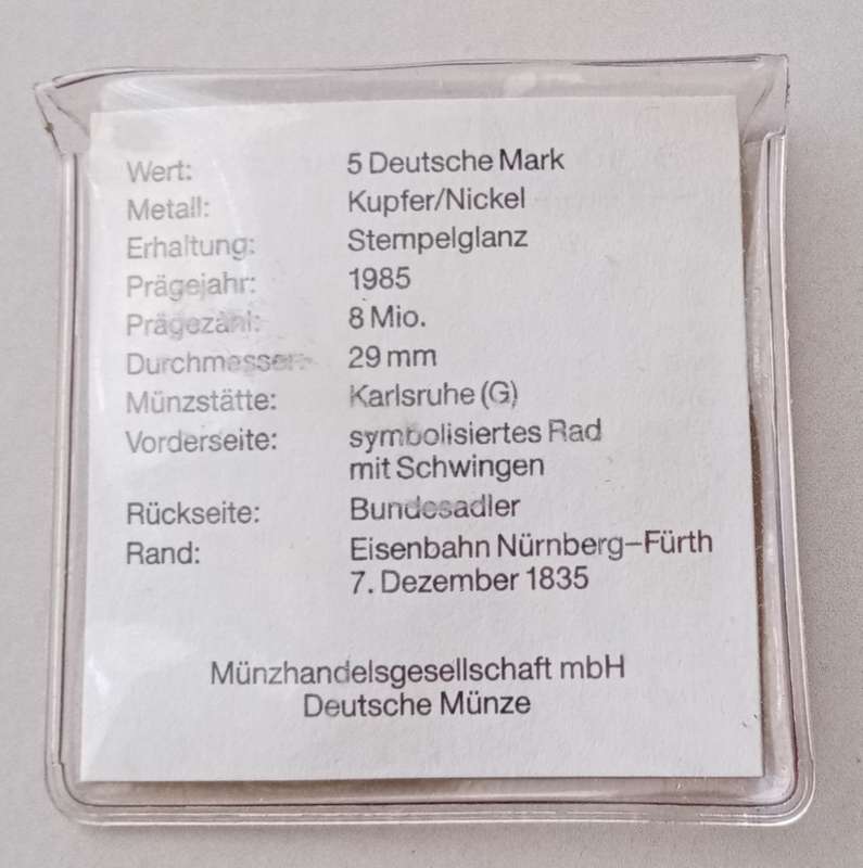 1985 German uncirculated 5 Mark with certificate