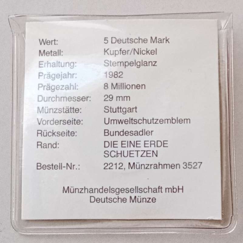 1982 German uncirculated 5 Mark with certificate