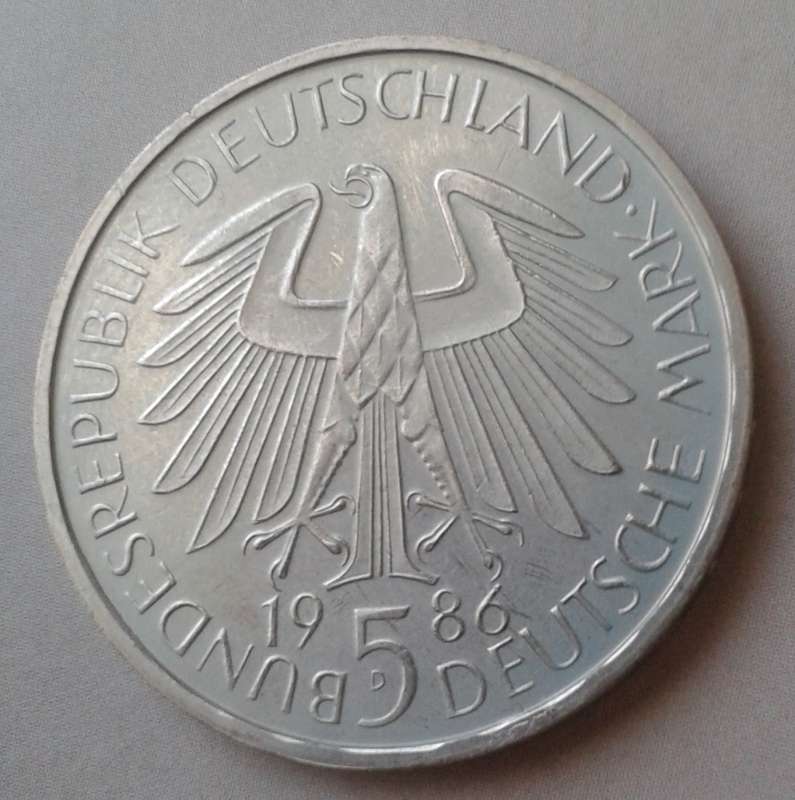 1986 German uncirculated 5 Mark with certificate