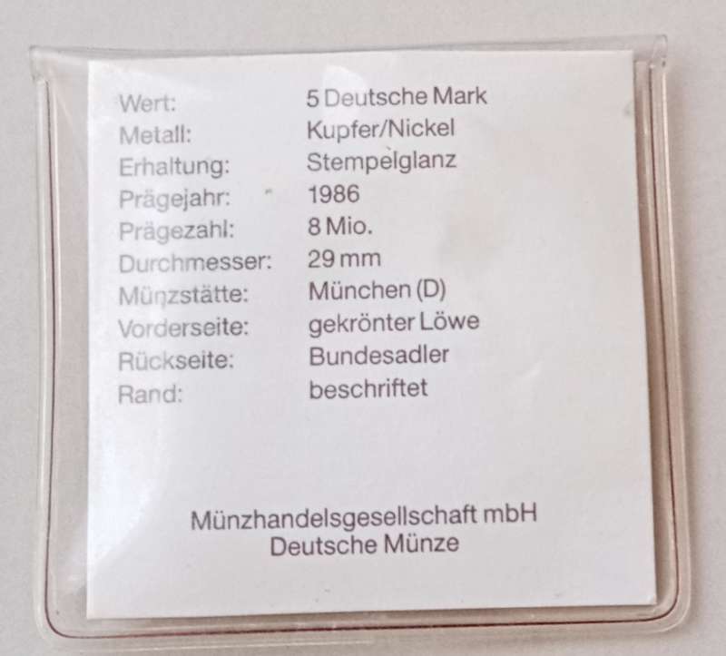 1986 German uncirculated 5 Mark with certificate