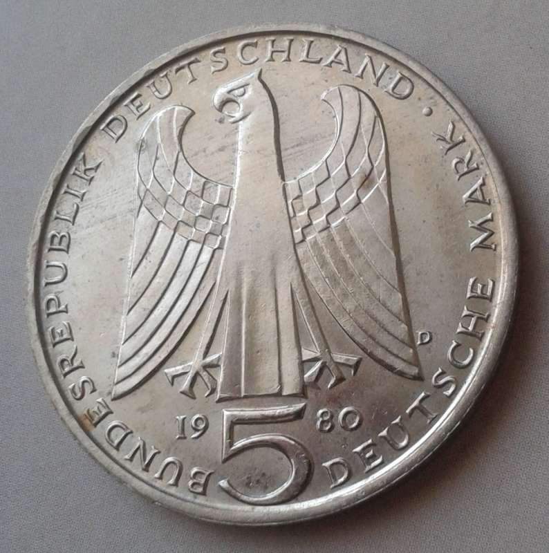 1980 German uncirculated 5 Mark with certificate