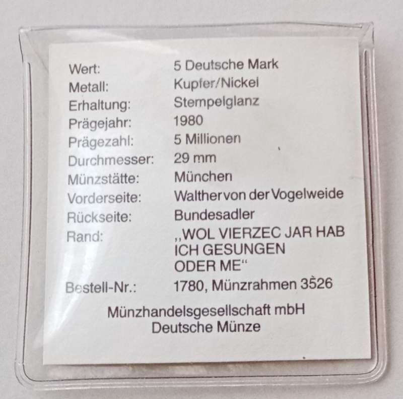 1980 German uncirculated 5 Mark with certificate