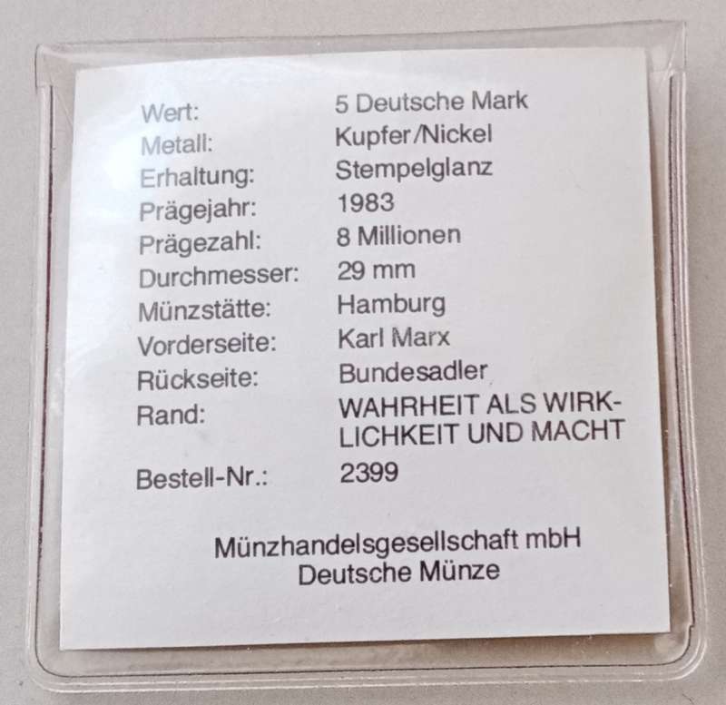 1983 German uncirculated 5 Mark with certificate