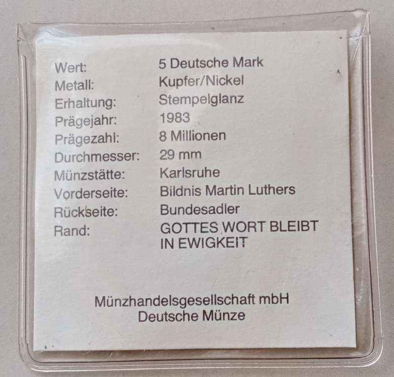 1983 German uncirculated 5 Mark with certificate (Martin Luther)