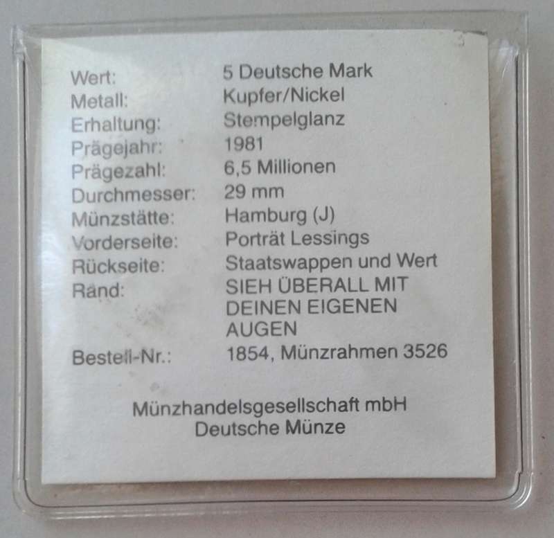 1981 German uncirculated 5 Mark with certificate