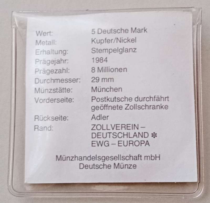 1984 German uncirculated 5 Mark with certificate