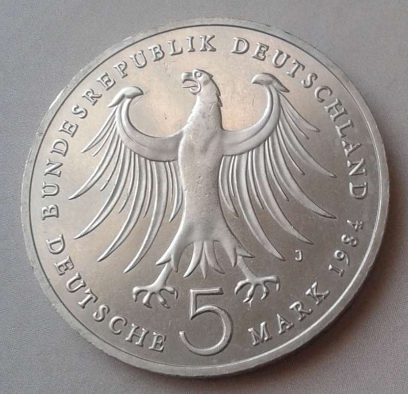 1984 German uncirculated 5 Mark with certificate.