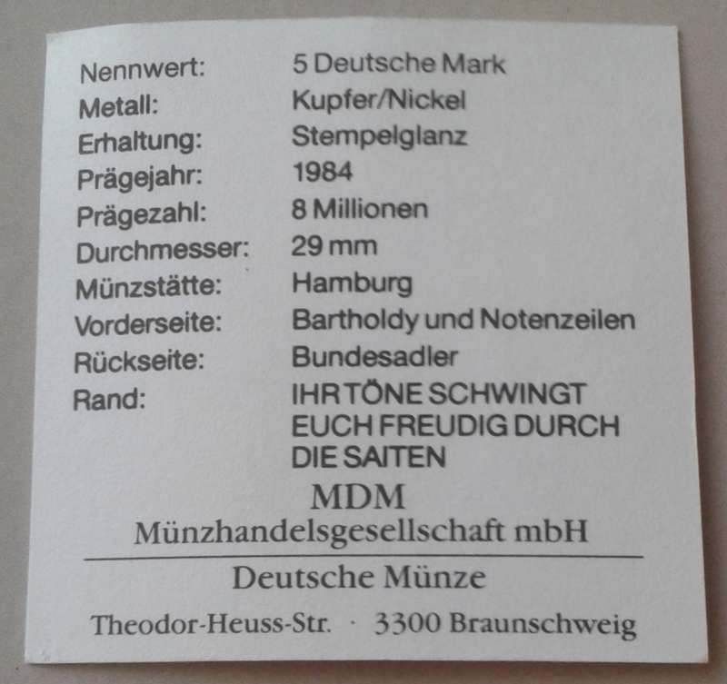 1984 German uncirculated 5 Mark with certificate.