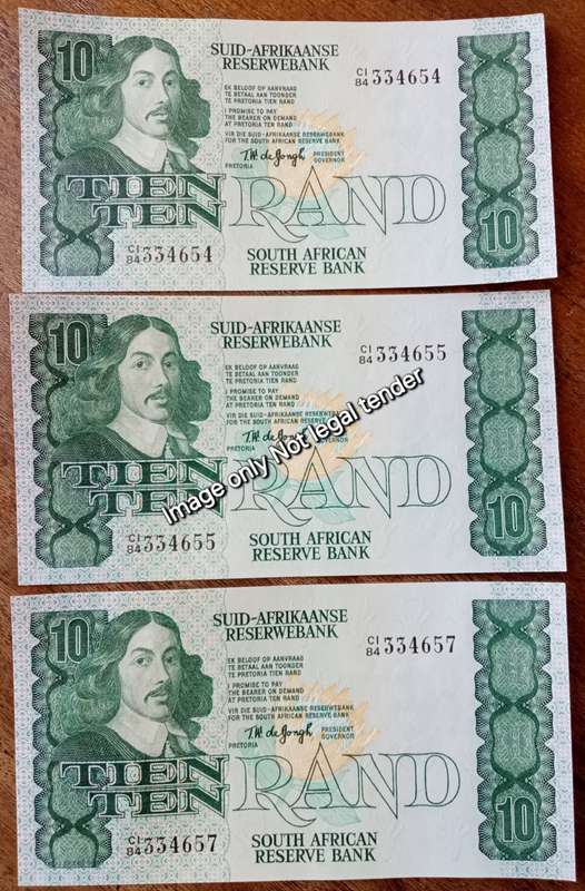 Lot of x3 TW de Jongh 1978 R10 notes (2 in sequence and 1 close)