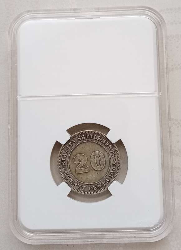 Nice 1902 Straits Settlements silver 20c in slab