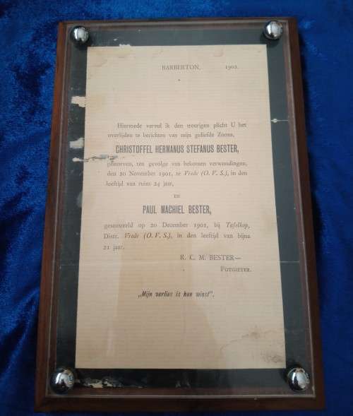 FRAMED ORIGINAL BOER WAR DEATH CARD / FUNERAL MEMORIAL CARD