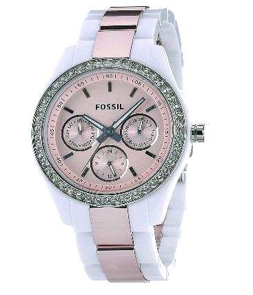 *Brand New* Fossil Women's ES2802 Plastic White and Pink watch with Stoned Bezel *Stunning*