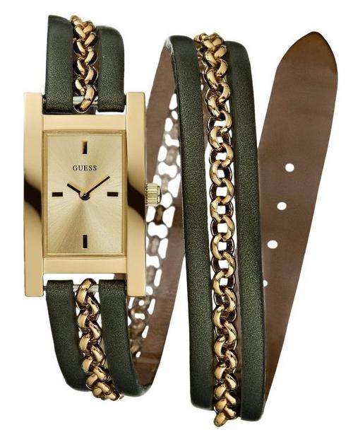 *Brand New* Guess Ladies Army Green Leather and Chain band, Gold Dial watch W90066L1 *Unique*