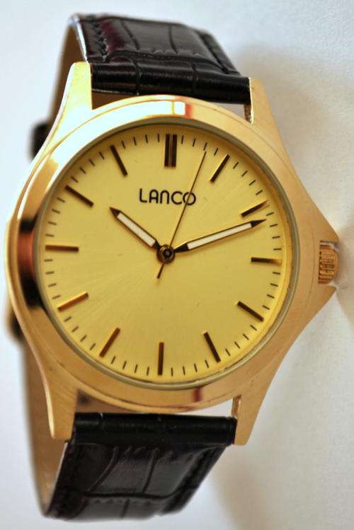 * Brand New* Lanco Men's Black Leather Band & Gold Dial with Luminious Hands *1251502*