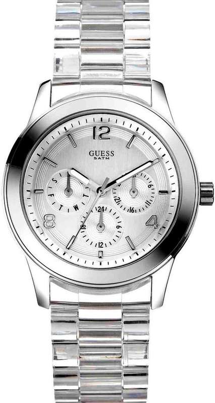 BRAND NEW Guess Ladies Chronograph Stainless Steel and Clear Plastic Bracelet Watch  W11603L7
