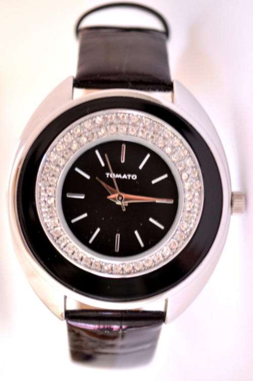 *Brand New* Tomato Ladies Black Leather Strap &Stainless Steel Case with Crystals T533131
