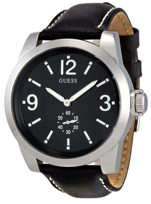 GUESS Men's Zoom  Black Leather Band, Black Round Dial Watch W10248G1