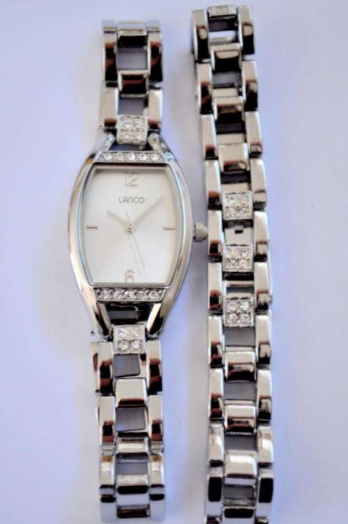 Lanco Ladies Rectangle Silver Watch with Crystal Encrusted Strap & Matching Bracelet 1528493S