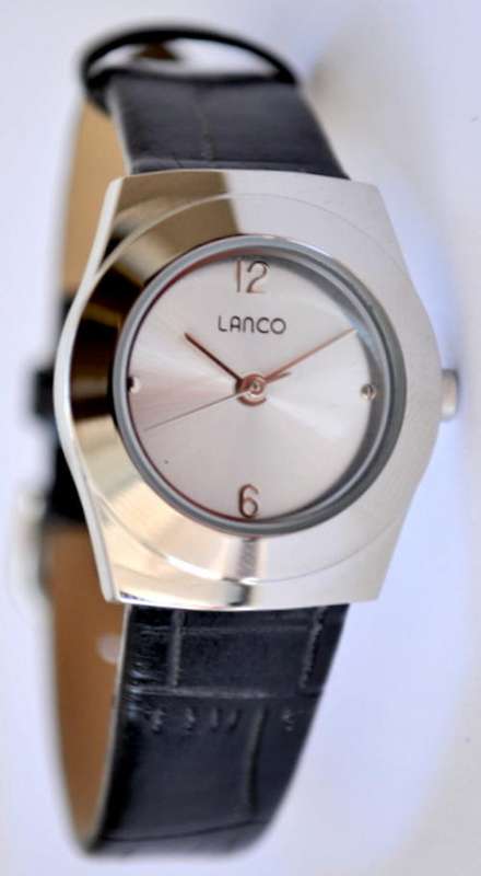 *Brand New* Lanco Ladies Black Leather Strap & Round,  Silver Dial 1551503 *Petite*
