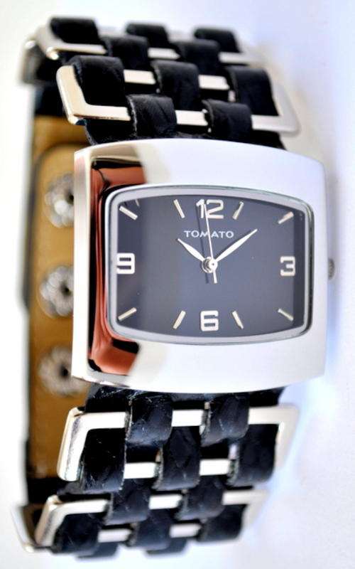 *Brand New* Tomato Ladies Black Edgy Leather and Stainless Steel Biker Watch T533127