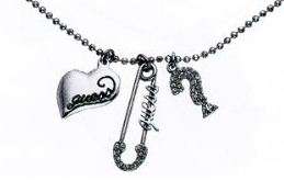 *Brand New*Guess Ladies Stainless Steel Ball Chain with Safety Pin, Question Mark and Heart Pendants
