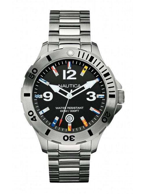 * Brand New* NAUTICA Gents Stainless Steel Watch with Black Dial and Flag Markers  *Sporty & Fun*