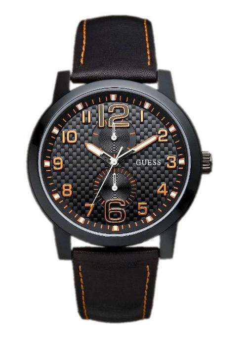 BRAND NEW Guess Gents Leather Chronograph Watch with Black and Orange Dial W95111G2 *Stylish*