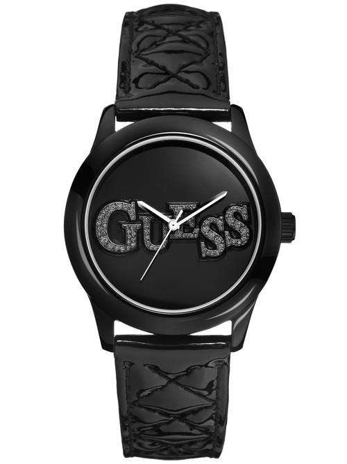 *Brand New* GUESS Women's Black  Quilty Leather Guess Watch  with Crystal Guess Design