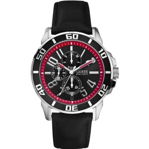 BRAND NEW  Guess Gents Racer Black and Red Chronograph Leather and Stainless Steel Sports Watch