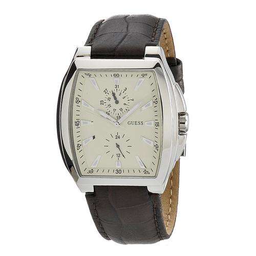 BRAND NEW GUESS GUESS Men's Tonneau Brown Leather Beige Dial Date Watch**CLASSY Timepiece**