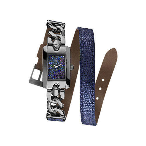 *Brand New* Guess Ladies Gunmetal Chain and Blue Animal Print Leather Watch *Beautiful and Trendy**