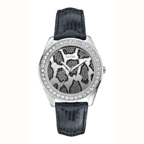 *Brand New*GUESS Ladies Black Leather  Leopard Print Dial Watch with Crystals*Statement Timeispiece*