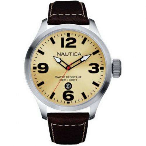 BRAND NEW NAUTICA Mens Cream Dial Brown Leather Strap Watch A12564G **STUNNING MODEL**