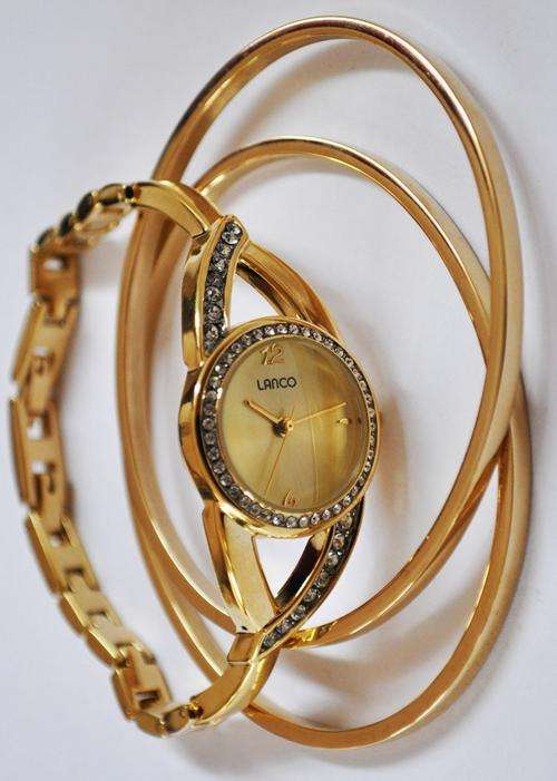 BRAND NEW LANCO Ladies Gold Crystal Watch and Two Gold Bangles 7 YEAR WARRANTY*Magnificent Gift Set*